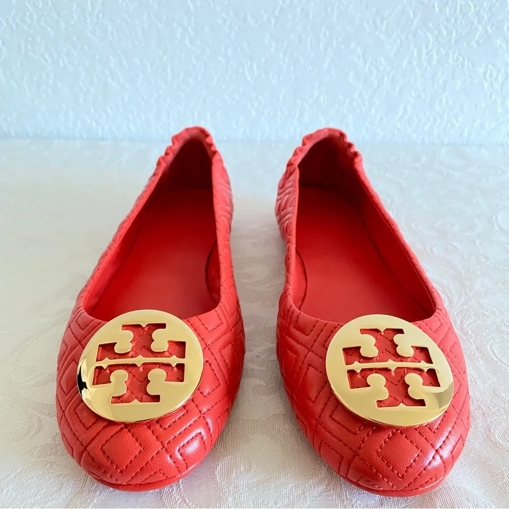 TORY BURCH Coral Minnie embellished quilted leather ballet flats